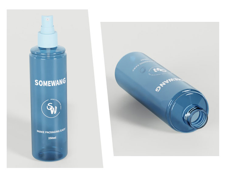 Butelka Somewang 250 ml z pompką z niebieskiego tworzywa PET pokazana jest w dwóch widokach – w pozycji pionowej i leżącej na boku.