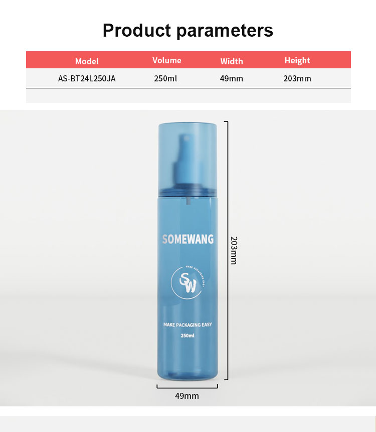 Butelka z pompką do balsamu Somewang o pojemności 250 ml (203 mm x 49 mm) stoi pionowo; dane techniczne znajdują się w tabeli powyżej.
