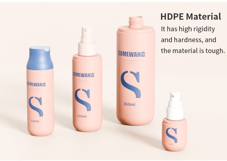 Satu set botol "SOMEWANG" warna peach, terbuat dari HDPE yang kuat, semuanya memiliki tutup ulir. Botol 50ml ini portabel dan transparan.