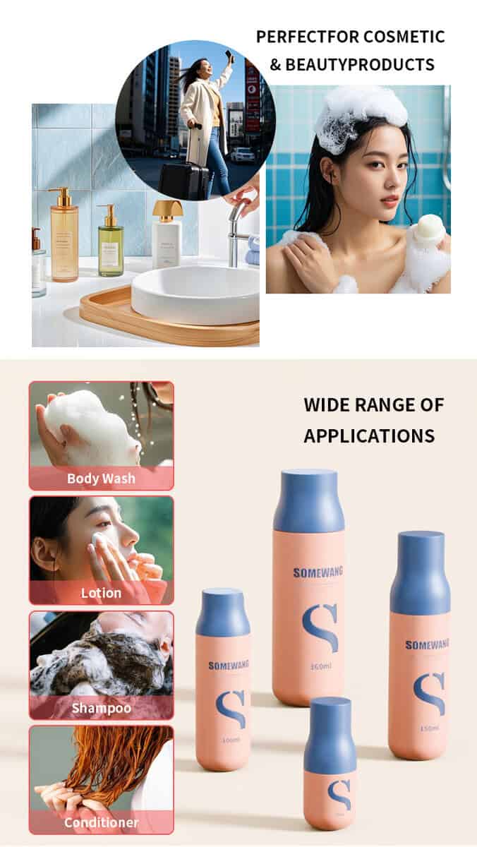 Kolase produk perawatan pribadi menampilkan stoples kaca ramping berkapasitas 50ml, gambar sabun mandi, losion, sampo, dan kondisioner.