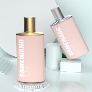 Two elegant cosmetic bottles with metallic caps, one pink and one gray, displayed beside a white glass on a minimalist background.