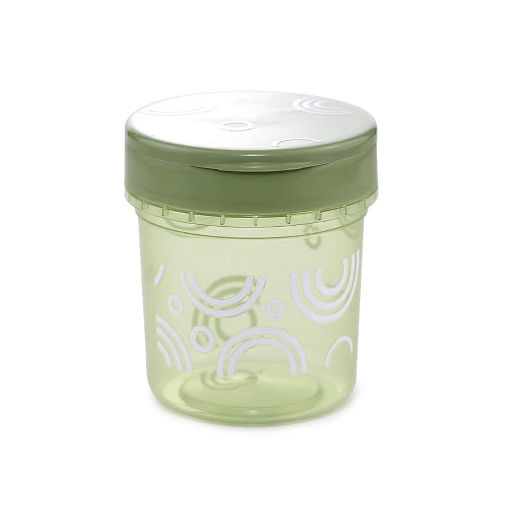 A small green plastic 220ml PP jar with a decorative pattern and flip caps, isolated on a white background.