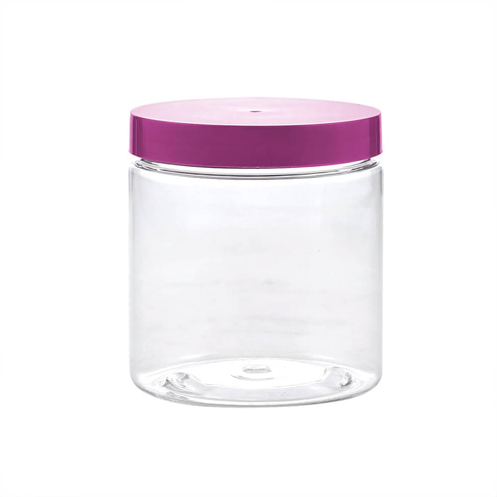 Clear 250ml PET jar with a purple lid, isolated on a white background.