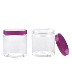 Twee doorzichtige plastic potten met roze deksels, één open en één gesloten, op een witte achtergrond. Amberkleurige PET-potten van 250 ml voor veelzijdige opslag.