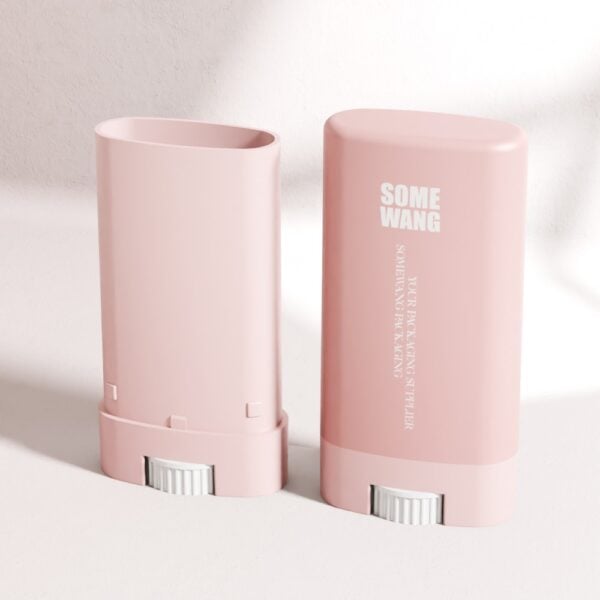 Two pink 15 ML PP deodorant tubes, twist-up, flat oval shape; one capped, one uncapped on a white surface.