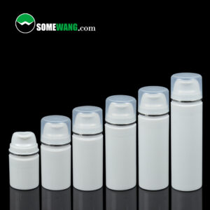 Seis botellas cilíndricas blancas (30 ml ~ 150 ml) están dispuestas por tamaño sobre una superficie reflectante negra. El logo "SOMEWANG.com" está en la parte superior izquierda.