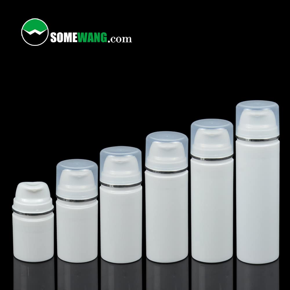 Six white, cylindrical bottles (30ml~150ml) are arranged by size on a black reflective surface. The logo "SOMEWANG.com" is at the top left.