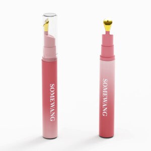 Two pink 15ml SOMEWANG Eye Cream Airless Bottles, one with a clear cap, feature gold metal massage tips.