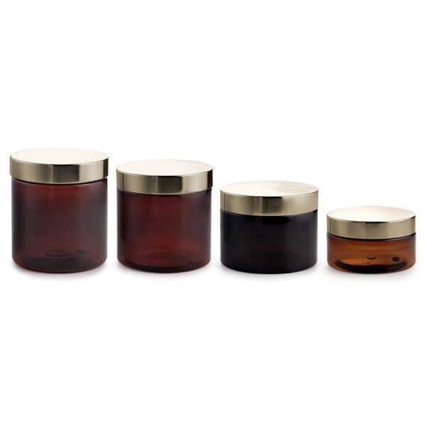 Four 250ml PET Cosmetic Body Butter Jars with Lids Plastic Cream Jars for face in varying sizes, ordered from largest to smallest, isolated on a white background.