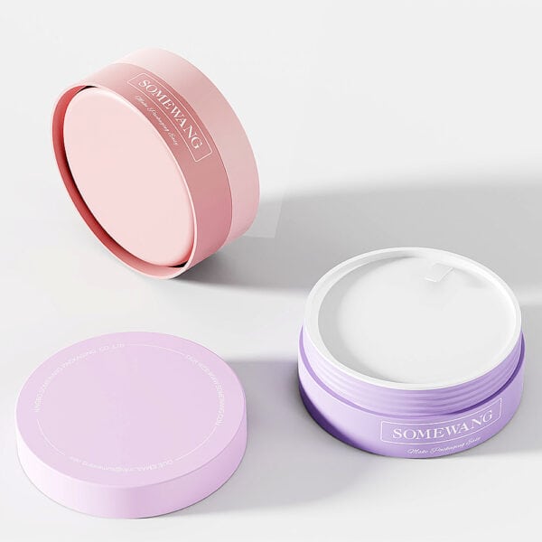 Two round containers, one pink (empty) and one purple (white substance). Labeled "SOMEWANG." Model: AS-JP100FS 100g PP cream jars.