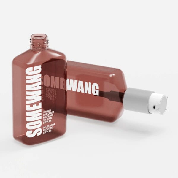 Two brown plastic bottles with white caps, labeled "SOMEWANG" vertically. Both are 360ml180ml PET Bottles with Mist Sprayers (Copy).