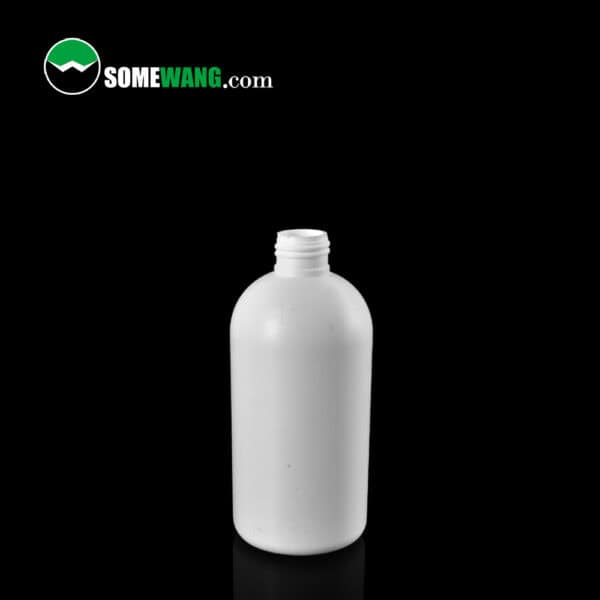 Chai tròn HDPE SOMEWANG 300ml dành cho chăm sóc cá nhân, có cổ có ren, nằm thẳng trên nền đen. Logo "SOMEWANG.com" hiển thị.