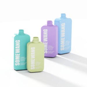 Four colorful soméwang skincare bottles, each a 250ml HDPE Flat square bottle for personal care, aligned diagonally on a white background, with visible text detailing product ingredients.