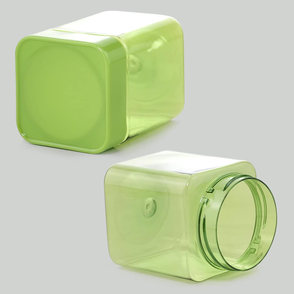 Two views of a lime green, transparent 300ml PET Square Shape Plastic Jar with a screw-top lid; one standing upright and the other lying on its side with the lid open.