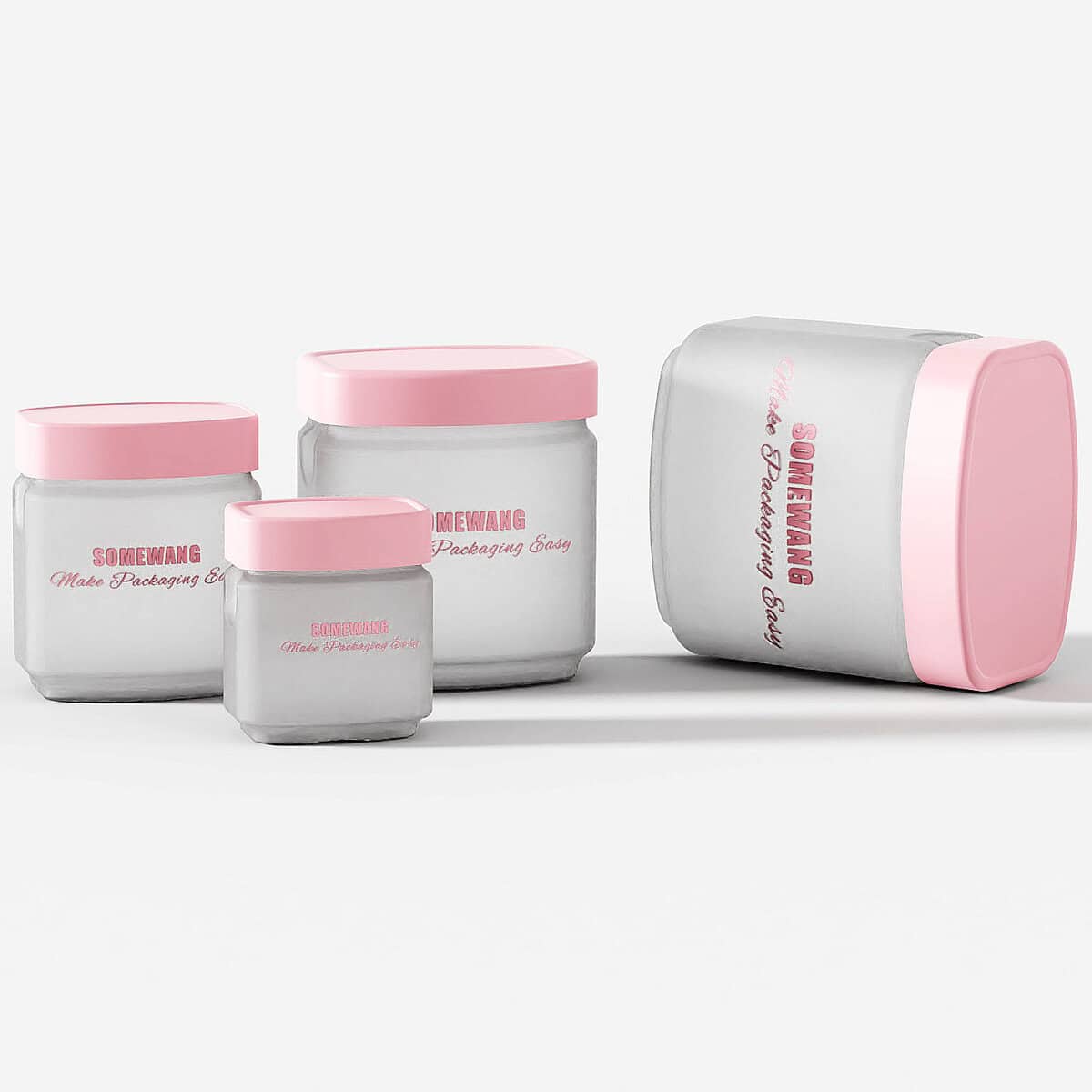 Four pink and white skincare jars labeled as body cream, arranged by size on a white background.