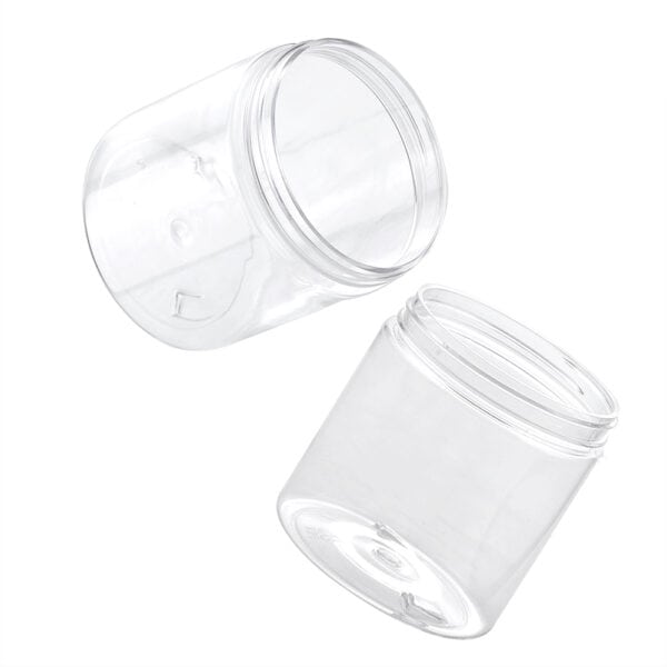 Two clear plastic containers, one upright and one tilted, without lids. Additionally, a 250ML Amber PET Cream Jar with custom capacity options.