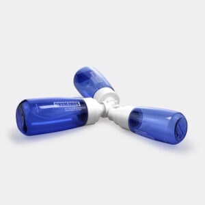 Tiga botol plastik PETG 30ML biru dengan penyemprot pompa disusun melingkar dengan latar belakang putih.