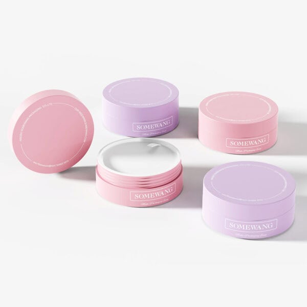 Four circular containers labeled "Somewang" (two pink, two purple), reveal white cream inside. These 100g PP jars offer a stylish solution.