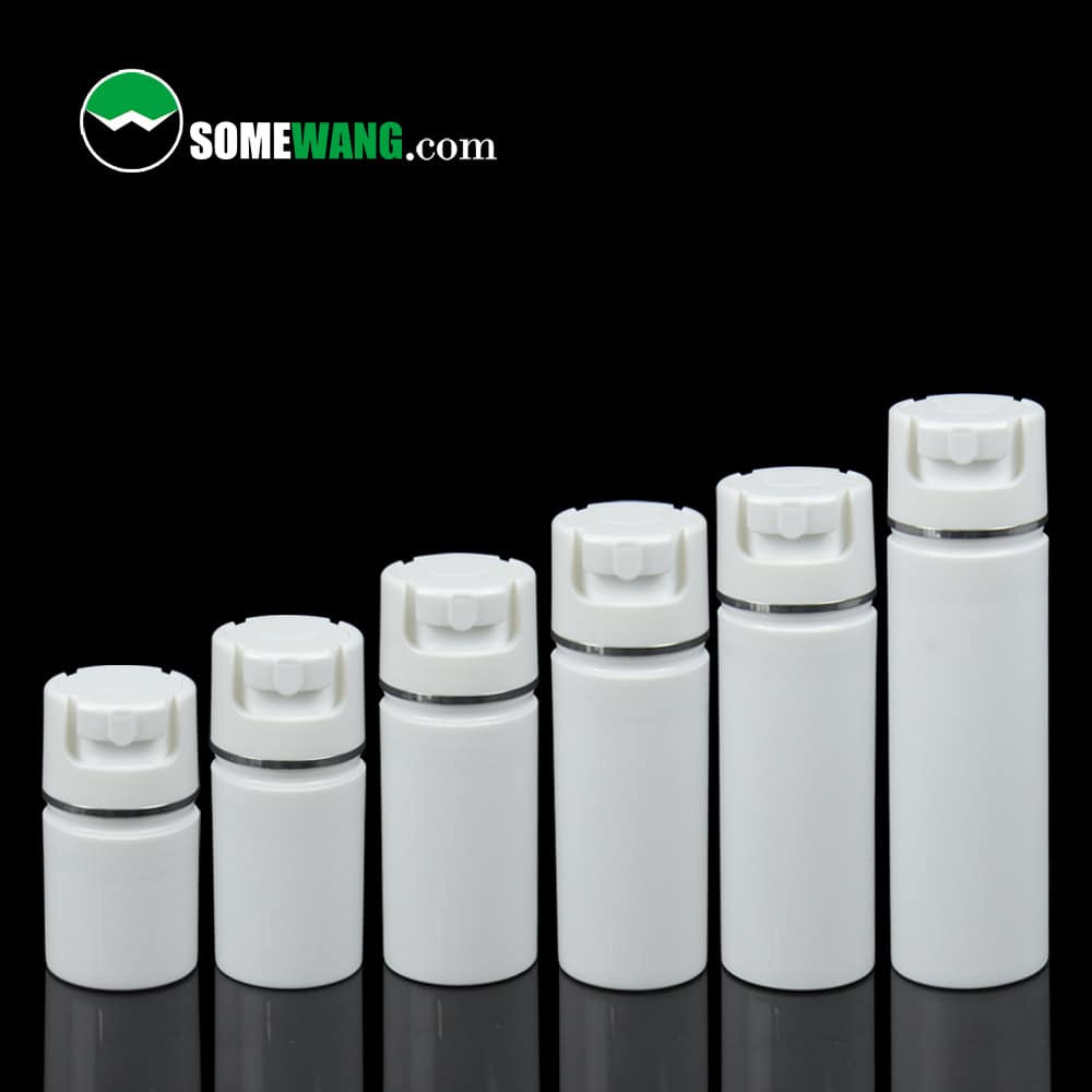 Five white airless bottles (30ml-150ml) with caps on a black reflective surface. Text "SOMEWANG.com" top left. Ideal for serums and face care essentials.