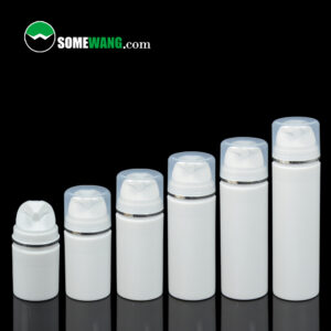 Cinco frascos de crema facial sin aire (de 30 ml a 150 ml) con tapas transparentes, alineados sobre un fondo negro. "SOMEWANG.com" en la esquina superior izquierda.