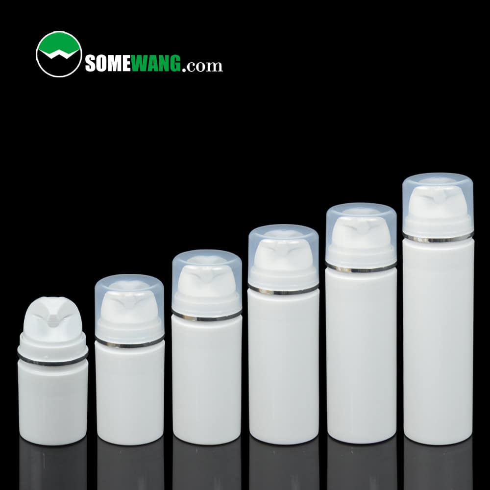 Five airless face cream bottles (30ml to 150ml) with clear caps, lined up against a black background. "SOMEWANG.com" in the top left corner.