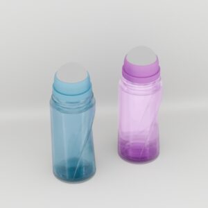 Deux bouteilles roll-on en verre de 50 g avec couvercles à vis en plastique, un bleu et un violet, sur fond gris clair.