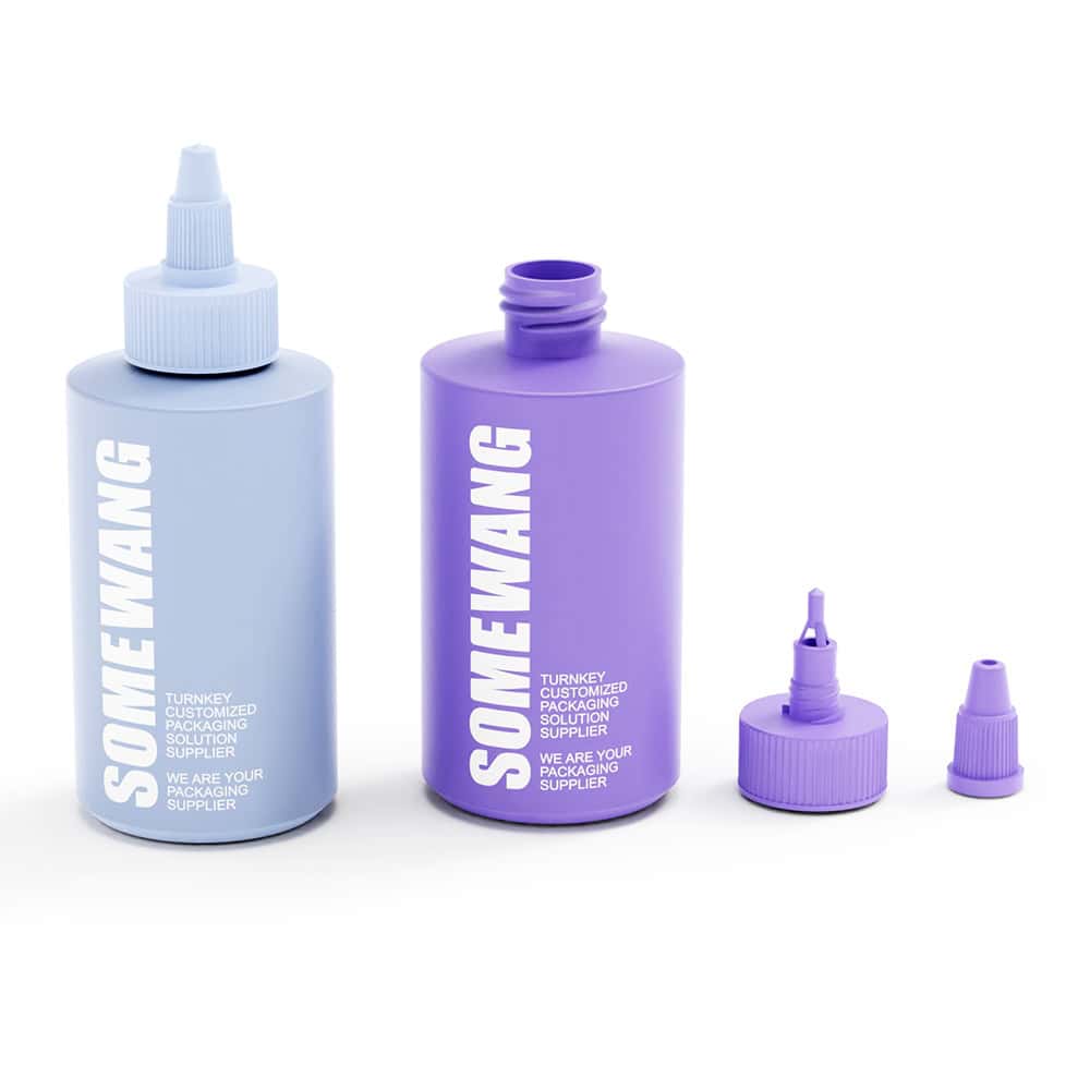 Two empty shampoo bottles (blue and purple) labeled "Cosmetic Packaging Wholesale," with nozzles and caps, are displayed on a white background.