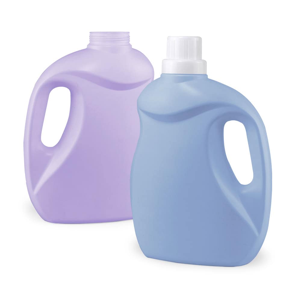 Dua botol HDPE 2000ml: satu terbuka ungu muda, satu biru dengan penutup skru putih.