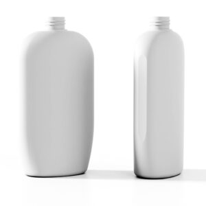 Deux flacons plats SOMEWANG 750ML HDPE blancs et vierges pour lotion pour le corps avec couleur et impression personnalisées sur fond blanc.