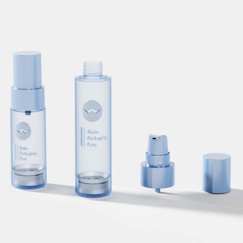 Three empty blue 15ml, 30ml, and 50ml AS Airless Bottles: one with dispenser, one without cap/dispenser, and one dismantled showing parts.