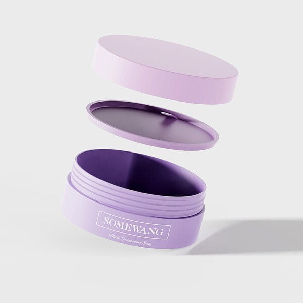 A purple AS-JP100FS 100g PP cream jar labeled "SOMEWANG" and "Made Professionally Easy" with two detachable lids floating above it.