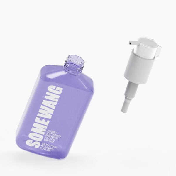 A 360ml purple plastic bottle with "Wholesale PET Bottle with Mist Sprayer" label and a detached white pump dispenser on a white background.