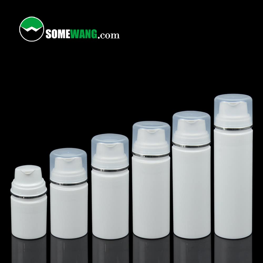 Set of six airless bottles (30ml to 150ml) with clear caps, ideal for face serums. Features SOMEWANG.com logo on a black background.