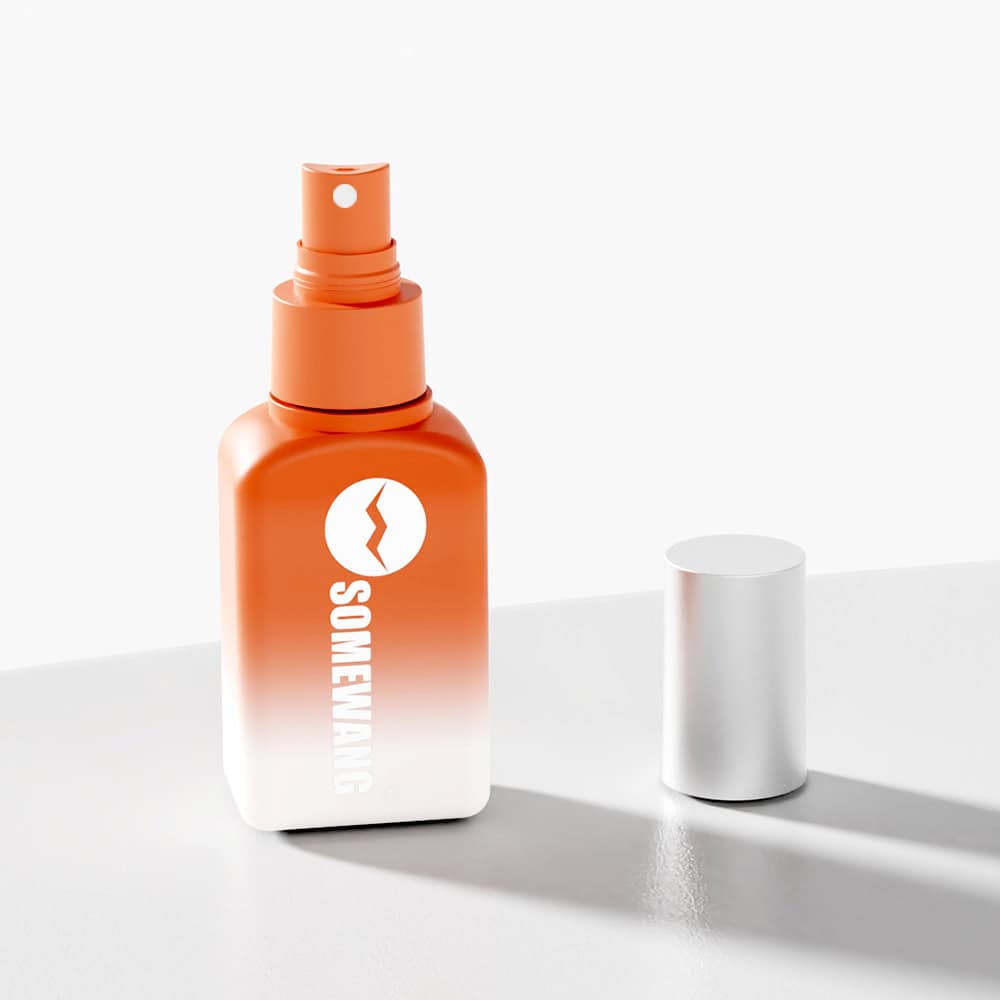 A sleek orange PETG "SOMEWANG" spray bottle with a white cap rests on a pristine white surface.