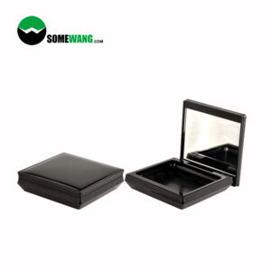 Two black square cases, one closed and one open showing a mirror. Branding in the top left, ideal for your PS Powder blush container.