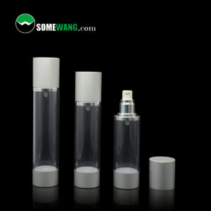 Three 120ML clear plastic airless pump travel bottles with silver caps (one uncapped) are displayed on a black background; "SOMEWANG.com" is in the top left.