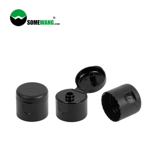 Three black plastic cosmetic bottle caps on a white background, with one cap open, displaying the nozzle inside. These are from the SOMEWANG 200ML HDPE Customized Lotion Bottle with Soft Touch Material and 100% PCR series.