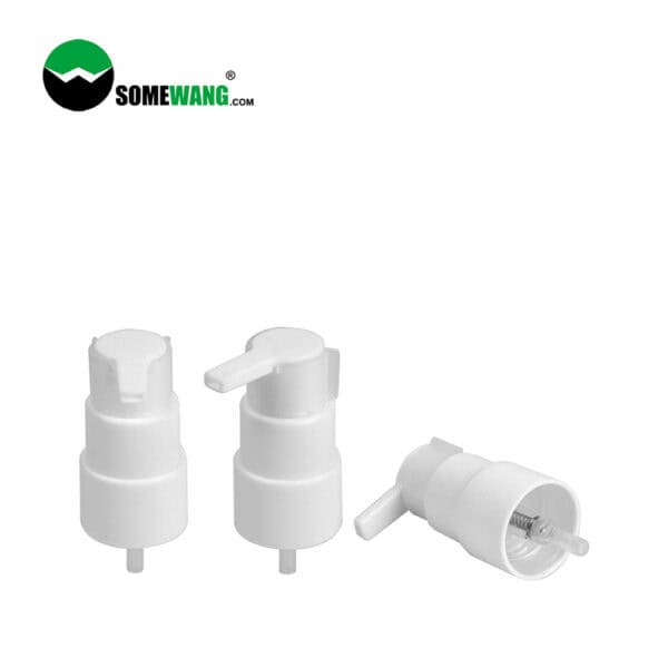 Three white plastic pump dispenser tops on a plain background with the text "SOMEWANG 200ML HDPE Customized Lotion Bottle with Soft Touch Material and 100% PCR" and a green logo above.