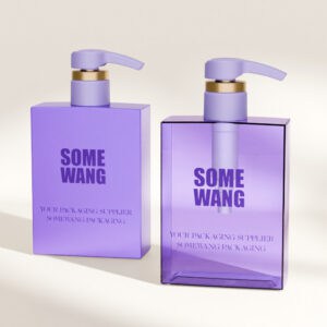 Two purple PETG Shampoo Bottle (400ml ) with custom gold-accented closures labeled "Some Wang" on a beige background.