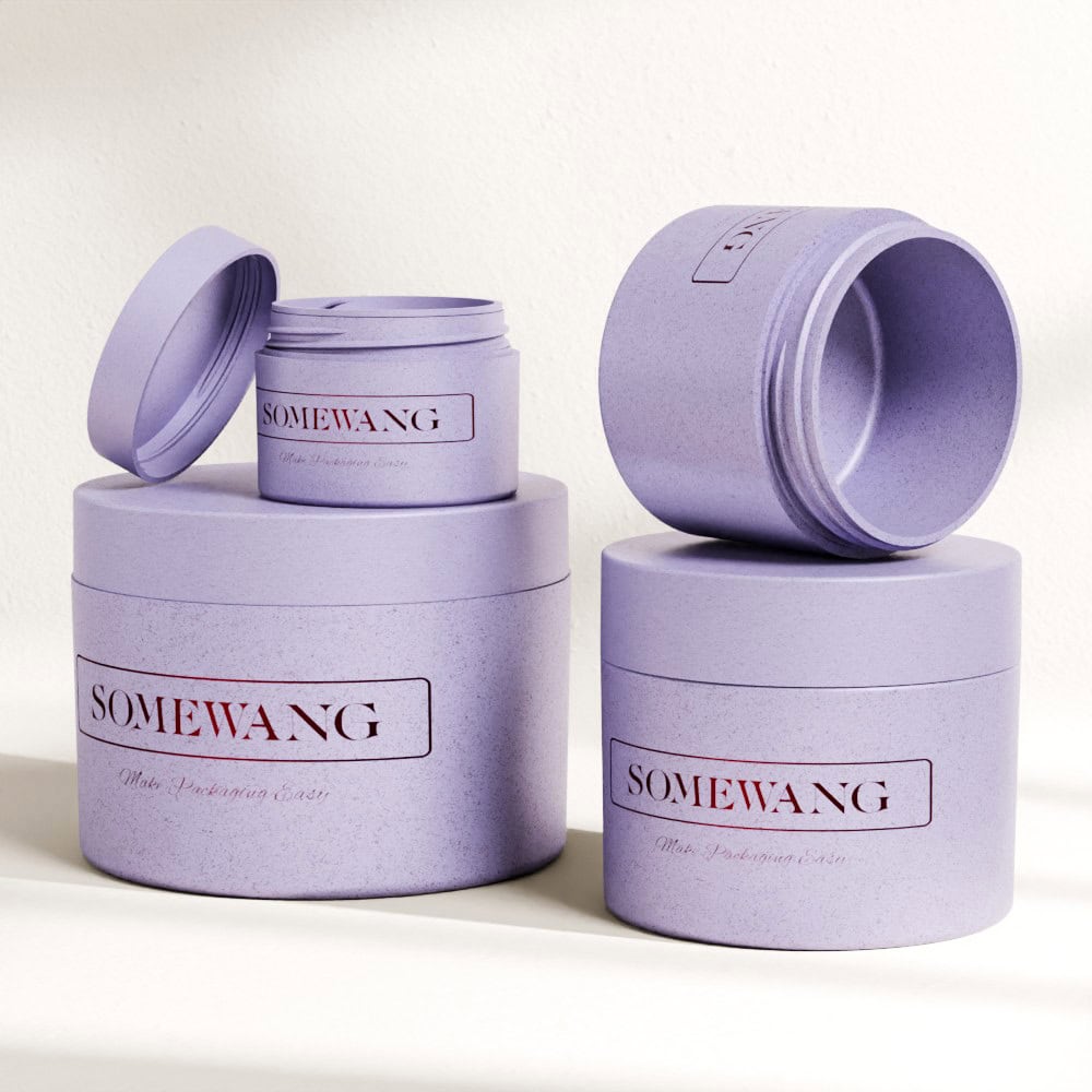 Three lavender "Somewang" containers on a white surface. The largest, a 50ml PP skincare jar, has its lid off, showing an empty interior.