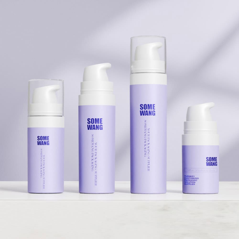 Four lavender PP Airless Bottles (10ml, 15ml, 20ml) with white pump tops labeled "SOME WANG" against a light purple background.