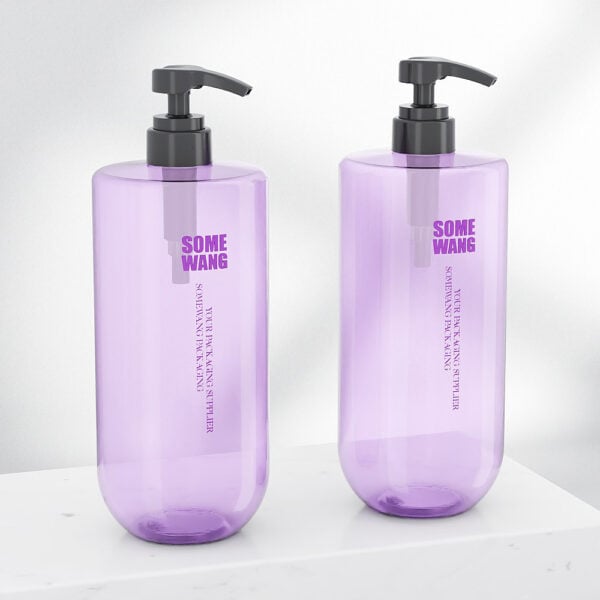 Two 1L glossy purple PET bottles for shampoo with pumps sit stylishly on white marble, blending elegantly into their setting.