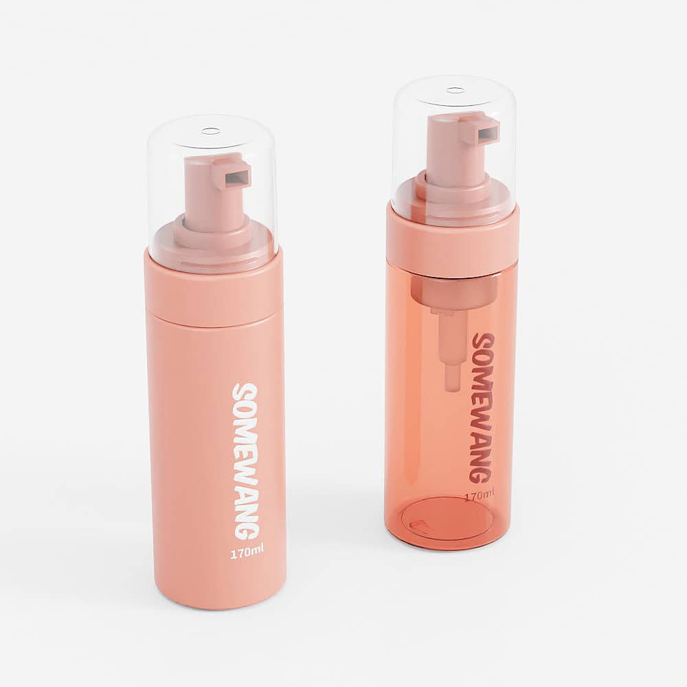 Dos botellas de cepillo de espuma PET color melocotón "SOMEWANG 170ml" con tapas transparentes se encuentran sobre un fondo blanco, ideales para el cuidado personal.