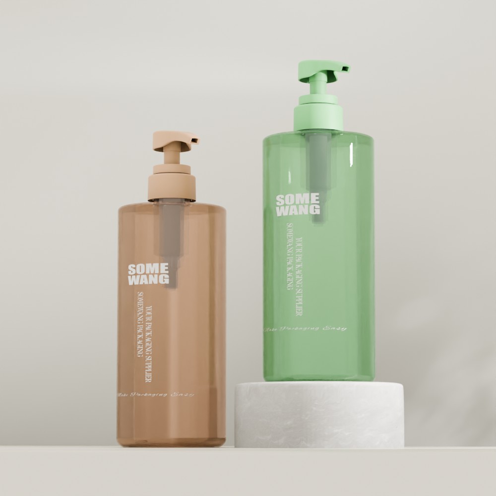 Dua botol syampu PET 1000ML, coklat dan hijau, dengan penutup skru dipaparkan pada dirian silinder putih.