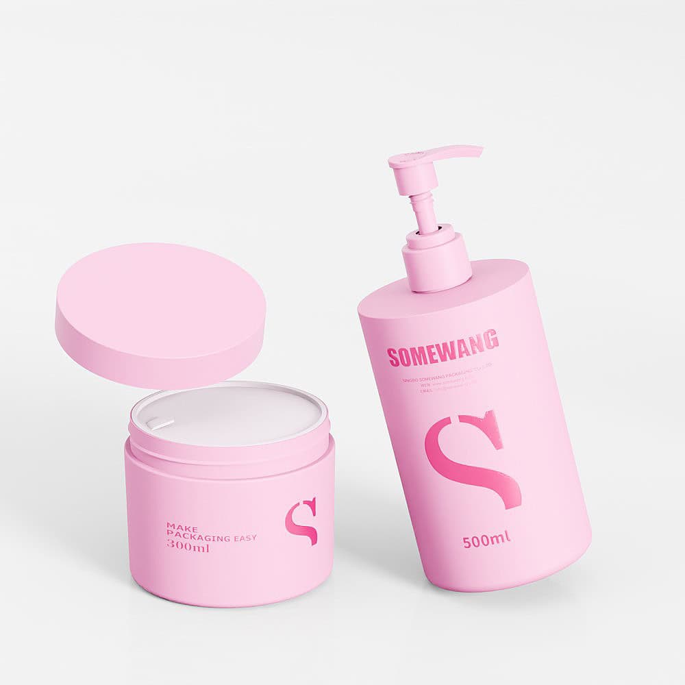 Two pink "SOMEWANG" containers—a 300ml cream jar and a 500ml pump bottle—offer functional style for beauty lovers.