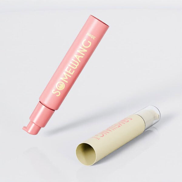 The 30ml "Somewang" collection features stylish pink and beige PE Airless tubes with pumps, displayed on a white surface.