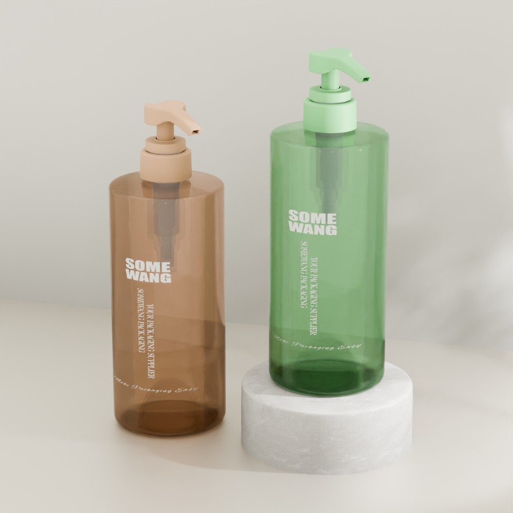 Two 1000ml "SOME WANG" shampoo bottles (brown & green) on a white platform—PET plastic, screw cap, wholesale.