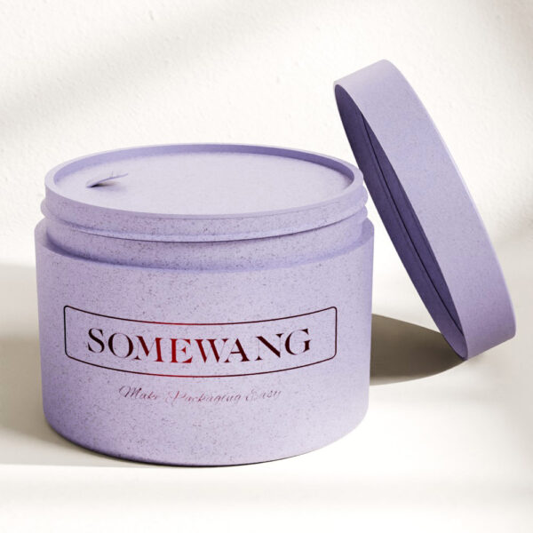 Lavender cylindrical skincare container, 50ml PP cream jar by SOMEWANG, with a slightly ajar lid and prominent branding on the front.