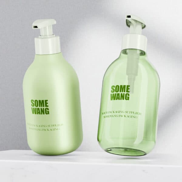 Two green "Some Wang" pump bottles are shown against a neutral background. One stands upright; the other is tilted right.