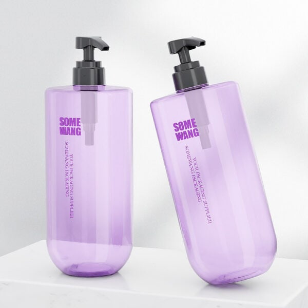 Two translucent purple shampoo bottles with pumps, each labeled "1L PET Large Capacity Empty Plastic Bottles for Shampoo," rest on white.